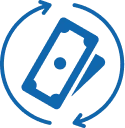 Blue cash icon with arrows