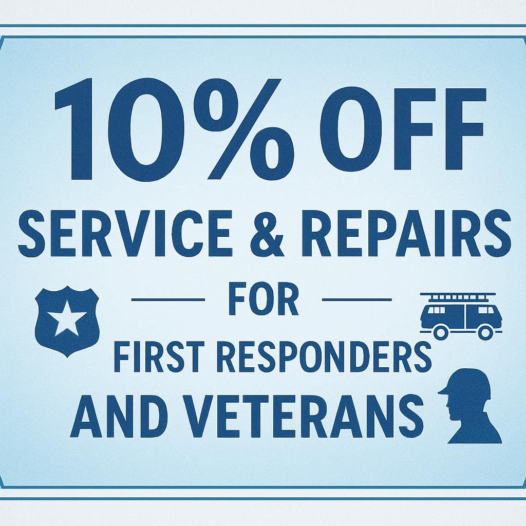 Sign offering 10% discount on service and repairs for first responders and veterans.